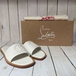 Christian Louboutin CL Leather Mule Flat Slide Sandals Blanco White Sz 38 / 8